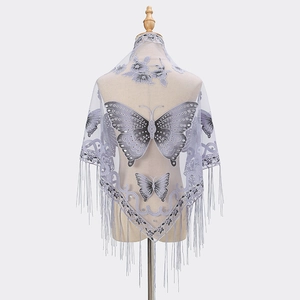Elegant light gray sheer lace triangle shawl with butterfly embroidery and fringe trim