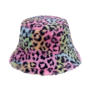 Colorful leopard print faux rabbit fur bucket hat for winter warmth and trendy style