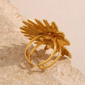 Exaggerated 18K gold plated stainless steel open ring with hammered sunburst design