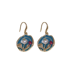 Vintage gold plated earrings with floral enamel, faux pearls and red crystals