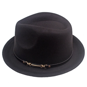 Winter wool felt jazz fedora hat in black with leather band and gold metal buckle