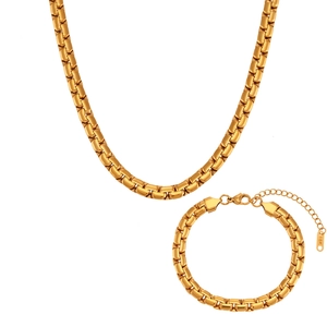 Gold-plated 18K stainless steel jewelry set with geometric flat square chain necklace and bracelet