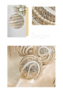 Detail of Christmas foam ball with gold sequins, white lace trim and pearl accents