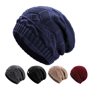 Winter chunky knit beanies set in five colors with diamond pattern and warm fleece lining