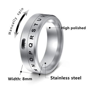8mm spinner ring in silver stainless steel with engraved letters and polished finish