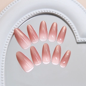 Pink gradient cat-eye press-on nails in almond shape with elegant shimmering finish