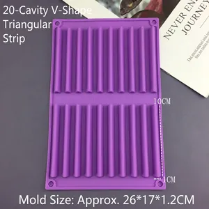 Detailed view of purple 20-cavity silicone mold showing 10cm long strip groove dimensions