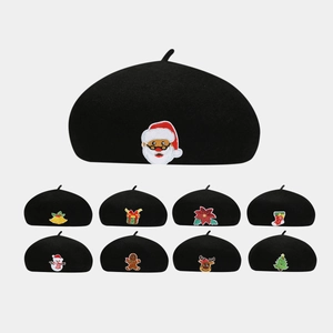Christmas Embroidery Wool Beret Hat For Women Black Winter Warm Painter Hat With Santa Reindeer Snowman Pattern Holiday Cap