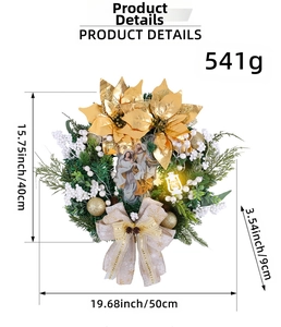 Detailed view of a golden Christmas wreath featuring poinsettias and religious icons