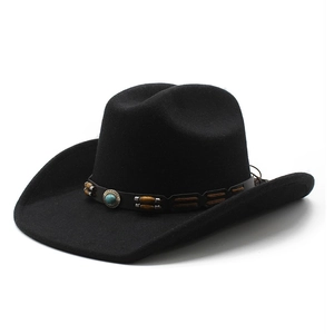 Detail of black wool cowboy hat with turquoise beads and leather decorative band