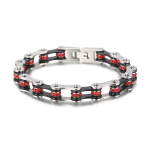 Men's titanium motorcycle chain bracelet with black coating and red crystals