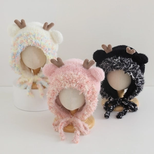 Kids Winter Warm Plush Reindeer Antler Ear Flap Hat Faux Fur Knit Windproof Cute Cartoon Outdoor Headwear Toddlers