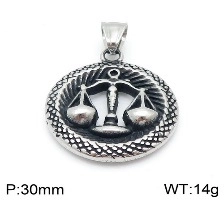 Vue détaillée du pendentif zodiaque Balance circulaire en métal argenté vieilli