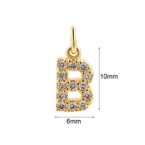 18k gold plated letter B pendant with micro-pave cubic zirconia measuring 10mm by 6mm