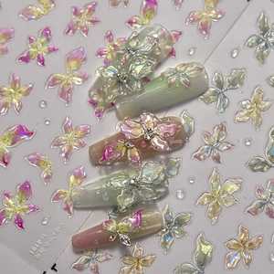Stickers nail art 3D fleurs de lys et papillons avec fini violet iridescent