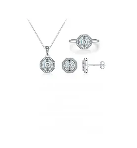 Close-up of S925 sterling silver octagon jewelry set with step-cut simulated diamonds