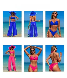 Detailed multi-angle view of 3-piece bikini set with sheer mesh wide leg trousers