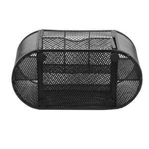 Detail view of the stable metal mesh desk organizer base with non-slip pads