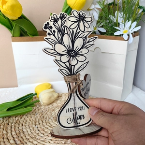 Close-up of Mother's Day wooden flower bouquet ornament with I LOVE YOU Mom engraving