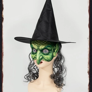 Halloween witch costume set with green latex mask, black pointed hat and grey long wig