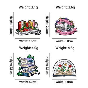 Set of four cartoon book and flower enamel pins for creative clothing accessories