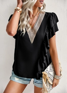 Detail of V-neck short sleeve shirt with delicate lace hollow out and ruffle sleeve design