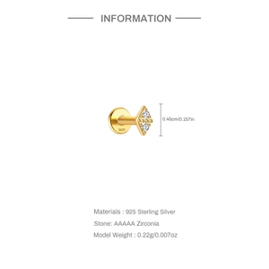 Detail of 925 sterling silver flat back earring with AAAAA zirconia and dimensions