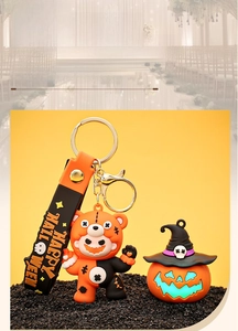 Close-up of Halloween keychain featuring ghost clown and pumpkin with Happy Halloween strap