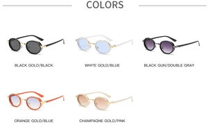 Detailed array of oval sunglasses in five color frames and gradient lens variations