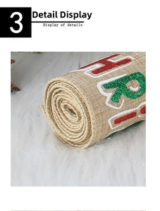 Macro detail of Christmas burlap ribbon with glitter printing and wired edges for DIY crafts
