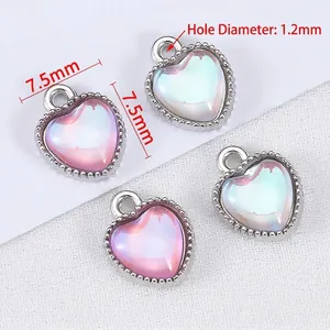 Pink gradient heart charm with alloy frame and laser rhinestones for DIY jewelry