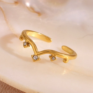 18K gold plated V-shaped wave open ring with three sparkling white gemstones