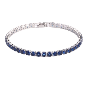 Silver tennis bracelet featuring high-quality square-cut blue zircon stones on white background