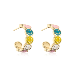 18K gold plated C-shaped hoop earrings with colorful enamel smiley faces on white background