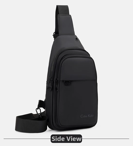 Detailed side view of black waterproof nylon crossbody bag with adjustable strap and logo