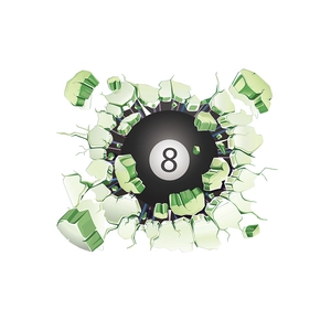 3D wall decal showing a black number 8 billiard ball breaking through a green wall