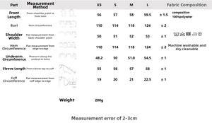 Detailed size chart for women's fashion shirt showing XS to L measurements in centimeters
