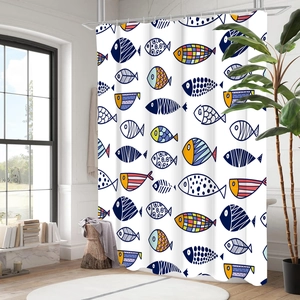 Detailed view of white waterproof bathroom shower curtain with colorful cartoon fish patterns