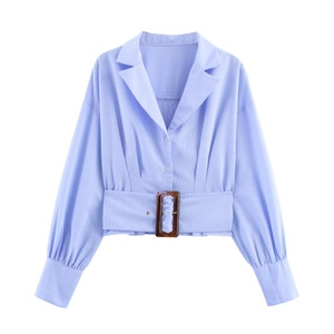 Women Striped Long Sleeve Blouse Suit Collar Cropped Shirt With Wide Belt Tortoiseshell Buckle Polyester Commute Top