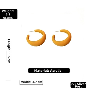 Macro view of yellow acrylic C-shape hoop earrings showing 3.6cm size and 925 silver needle