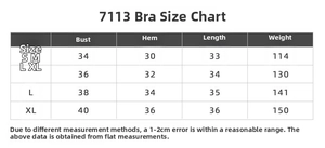Detailed size guide for crossover sports bra showing chest and length measurements