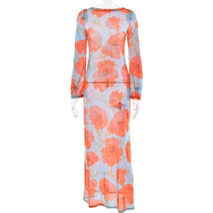 Slim fit long sleeve blue mesh maxi dress with vibrant orange floral print and round neck