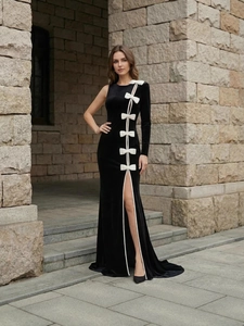 Velvet One Shoulder Evening Dress With White Bows High Slit Slim Fit Asymmetric Long Sleeve Fishtail Party Gown For Women