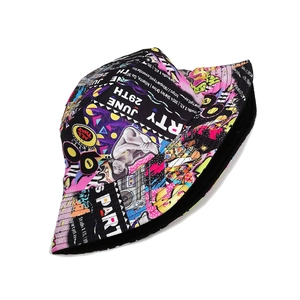 Detailed close-up of colorful 90s graffiti pattern and retro party text on bucket hat