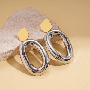 18k gold plated geometric earrings with silver oval pendants and high mirror polish