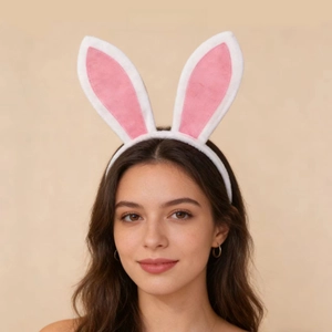 Close-up of a plush white and pink bunny ear headband worn by a female model for Easter
