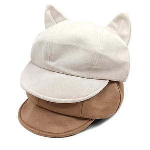 Faux suede beret hat with cat ears in beige and brown colors for a retro autumn style