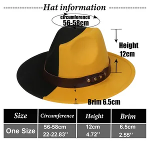Detailed size chart for wool fedora hat showing circumference, height and brim dimensions