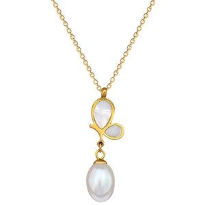 Elegant gold butterfly necklace with white mother of pearl and a dangling round pearl