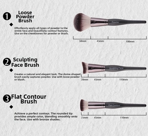 Detailed size parameters and dimensions of professional makeup brushes with soft bristles